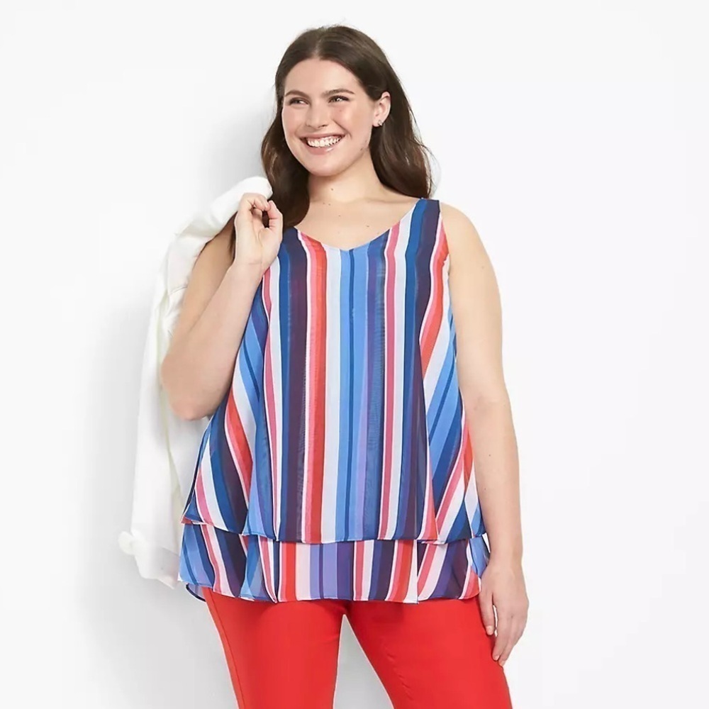 Lane Bryant Striped Layered Sleeveless Chiffon Tank Blouse Blue Red Size 20